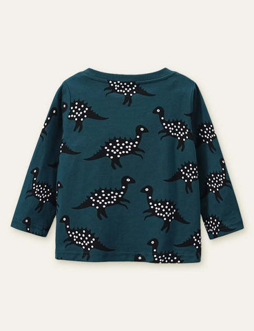 Polka Dot Dinosaur Printed Long-Sleeved T-shirt