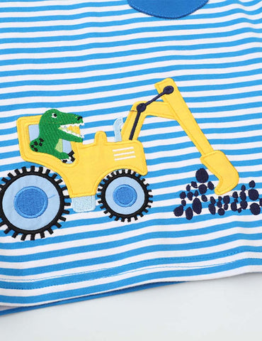 Toddler Boy Excavator Dinosaur Embroidered Long Sleeve T-shirt With Pocket