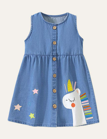 Toddler Girl Unicorn Appliqué Embroidered Botton Design Sleeveless Denim Dress