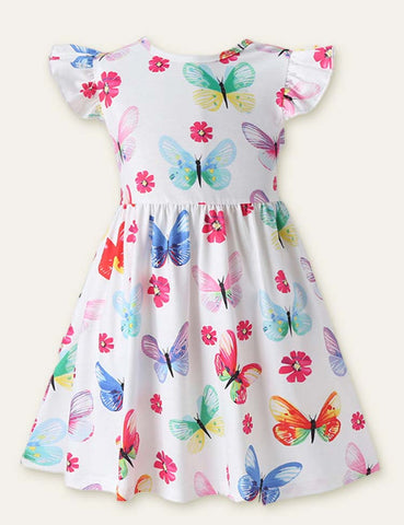 Toddler Girl Dinosaur Butterfly Printed Flutter Sleeves Splice Dress