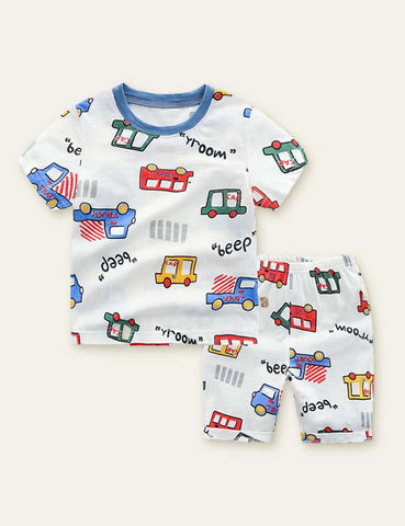 Cartoon Car Printed Short Sleeve Pajamas