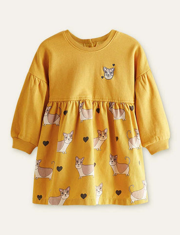 Lively Puppy Printed Long-Sleeved Dress