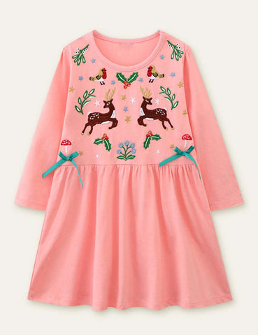 Bird Deer Garden Embroidered Dress