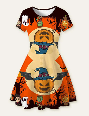 Halloween Ghost Bat Cartoon Printed Dress