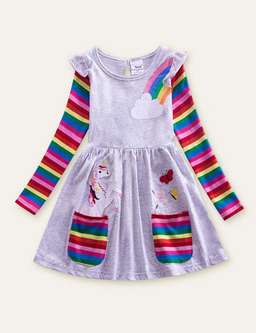 Unicorn Flowers Appliqué Rainbow Long Sleeve Dress