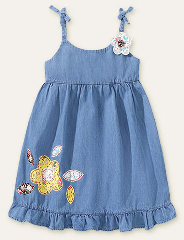 Ccmom Toddler Girl Flower Decor Hollow out Denim Slip Dress