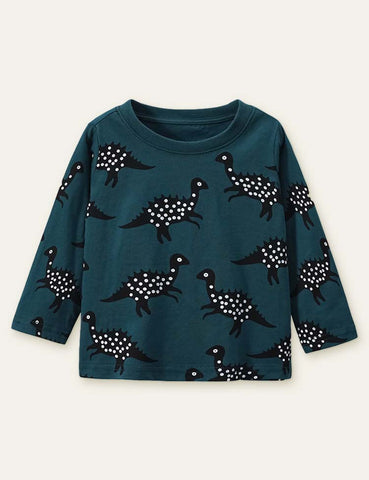 Polka Dot Dinosaur Printed Long-Sleeved T-shirt