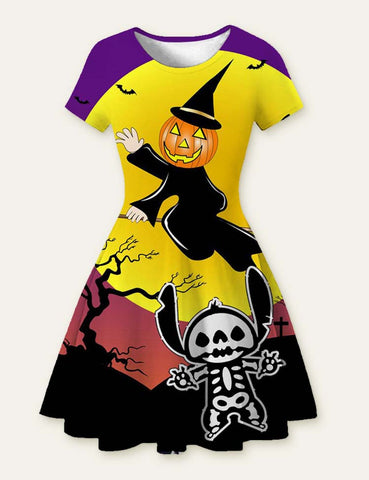 Halloween Ghost Bat Cartoon Printed Dress