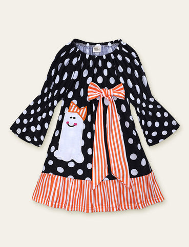 Halloween Ghost Pumpkin Appliqué Polka Dot Dress