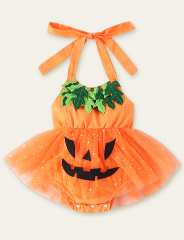 Halloween Pumpkin Net Skirt Hemline Romper