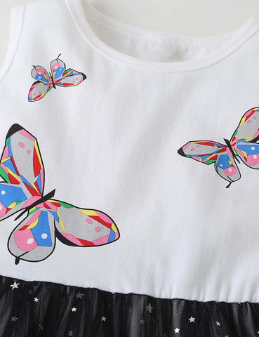 Toddler Girl Butterfly Printed Sleeveless Splicing Polka Dots Mesh Dress