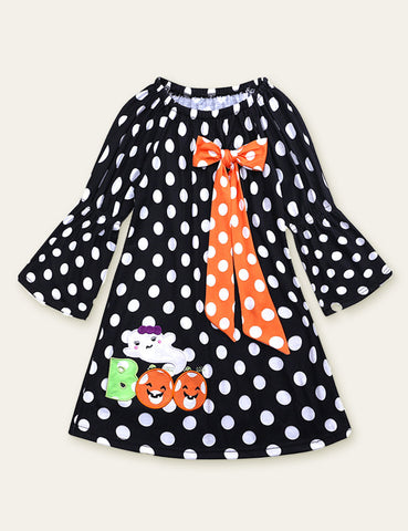 Halloween Ghost Pumpkin Appliqué Polka Dot Dress