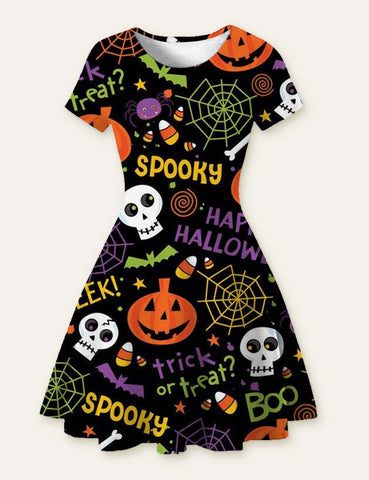 Halloween Ghost Bat Cartoon Printed Dress