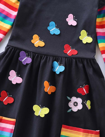 Flower Butterfly Appliqué Rainbow Long Sleeve Dress