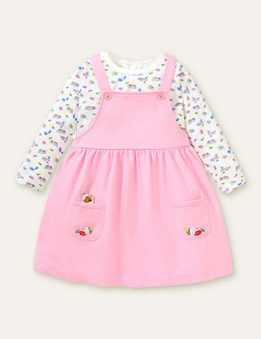 Guinea Pig  Flower Embroidered Strap Dress + Long Sleeve T-shirt