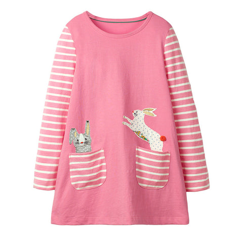 Girls' Cartoon Rabbit Long-Sleeved Appliqué Dress