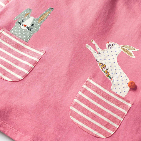 Girls' Cartoon Rabbit Long-Sleeved Appliqué Dress