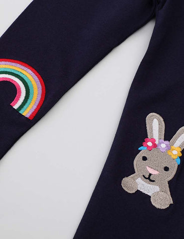 Rainbow Embroidered Rabbit Appliqué Leggings