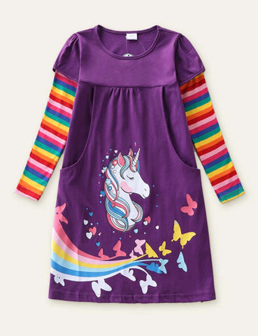 Rainbow Butterfly Unicorn Printed Dress