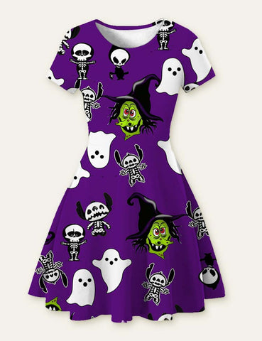 Halloween Ghost Bat Cartoon Printed Dress