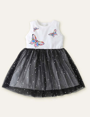 Toddler Girl Butterfly Printed Sleeveless Splicing Polka Dots Mesh Dress