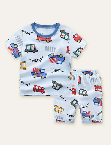 Cartoon Car Printed Short Sleeve Pajamas