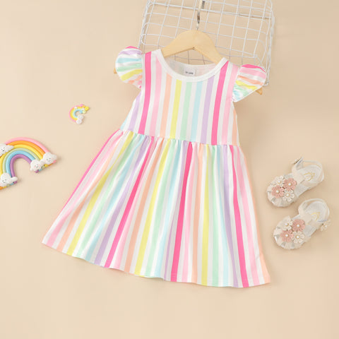 Flounced Sleeve Rainbow Striped Dress