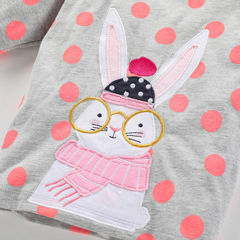 Cartoon Rabbit Appliqué Polka Dot round Neck Long Sleeve T-shirt