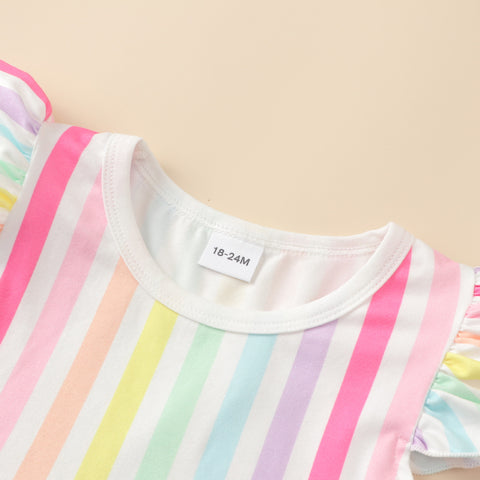 Flounced Sleeve Rainbow Striped Dress