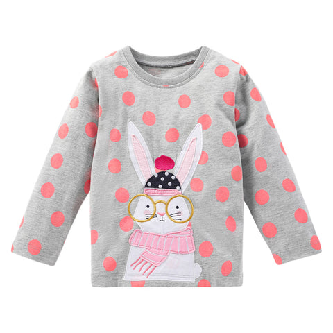 Cartoon Rabbit Appliqué Polka Dot round Neck Long Sleeve T-shirt