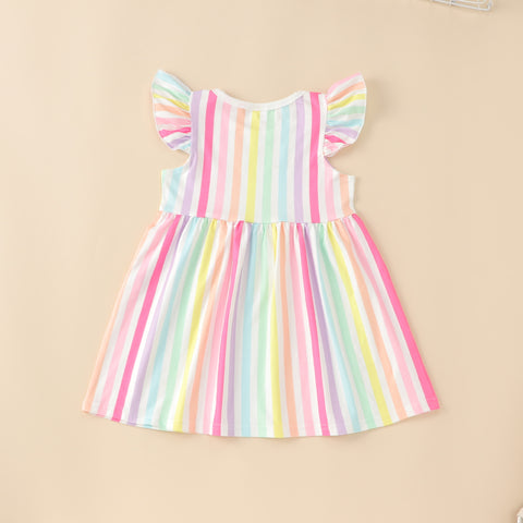 Flounced Sleeve Rainbow Striped Dress