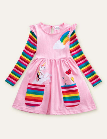 Unicorn Flowers Appliqué Rainbow Long Sleeve Dress