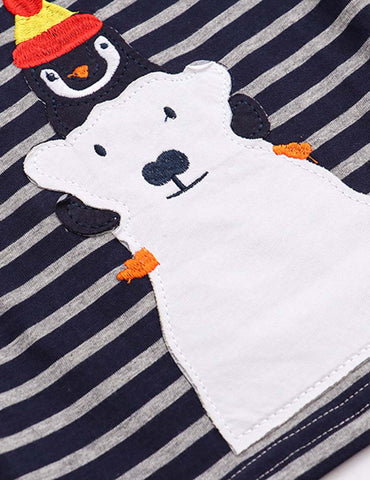 Penguin and Polar Bear Appliqué Striped T-shirt