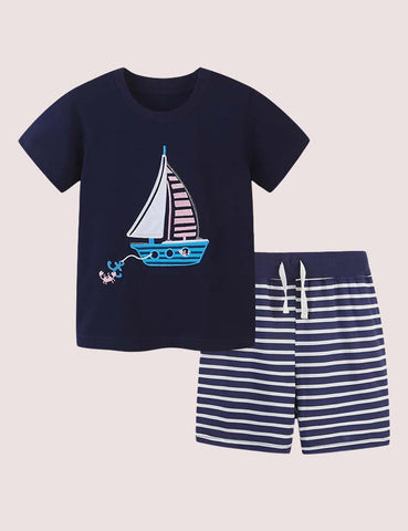 Sailing Embroidery Striped T-shirt Set - CCMOM