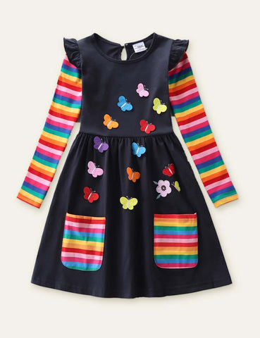 Flower Butterfly Appliqué Rainbow Long Sleeve Dress