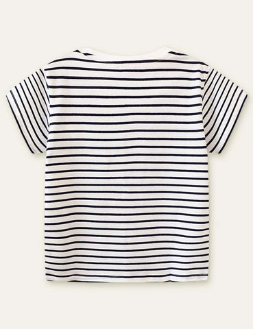 Flower Appliqué Striped T-shirt