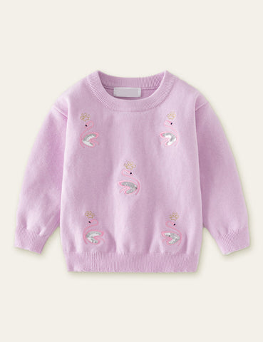 Sequined Swan Embroidered Sweater