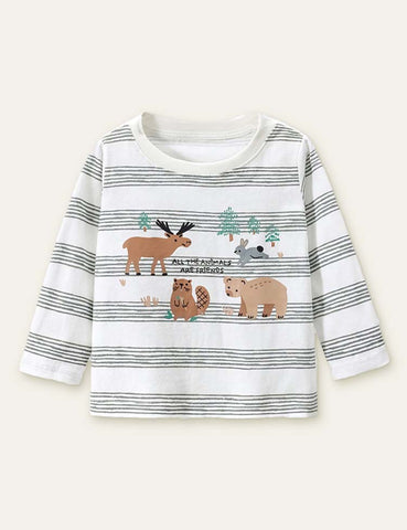 Forest Animal Printed Striped Long Sleeve T-shirt