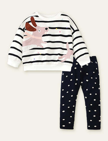 Puppy Appliqué Sweatshirt + Polka Dot Pants