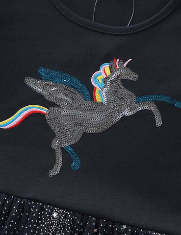 Sequined Unicorn Embroidered Long Sleeve Dress