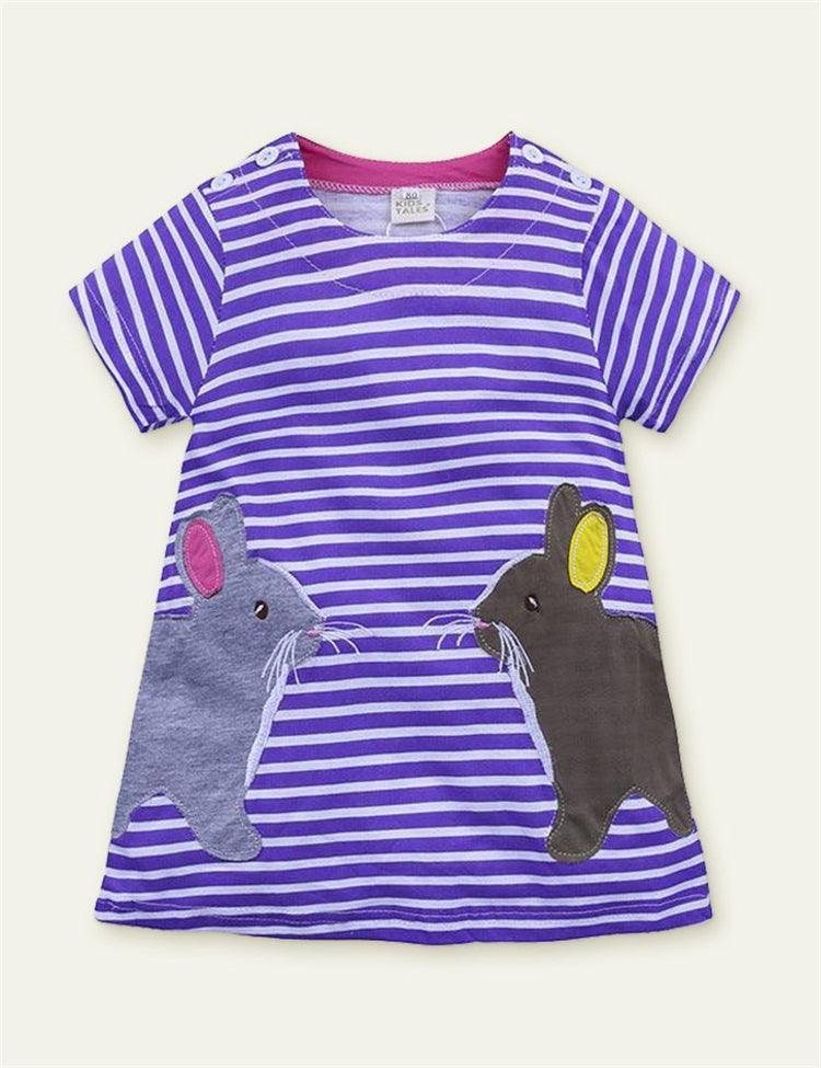 Animal Appliqué Striped Short Sleeve Dress - CCMOM