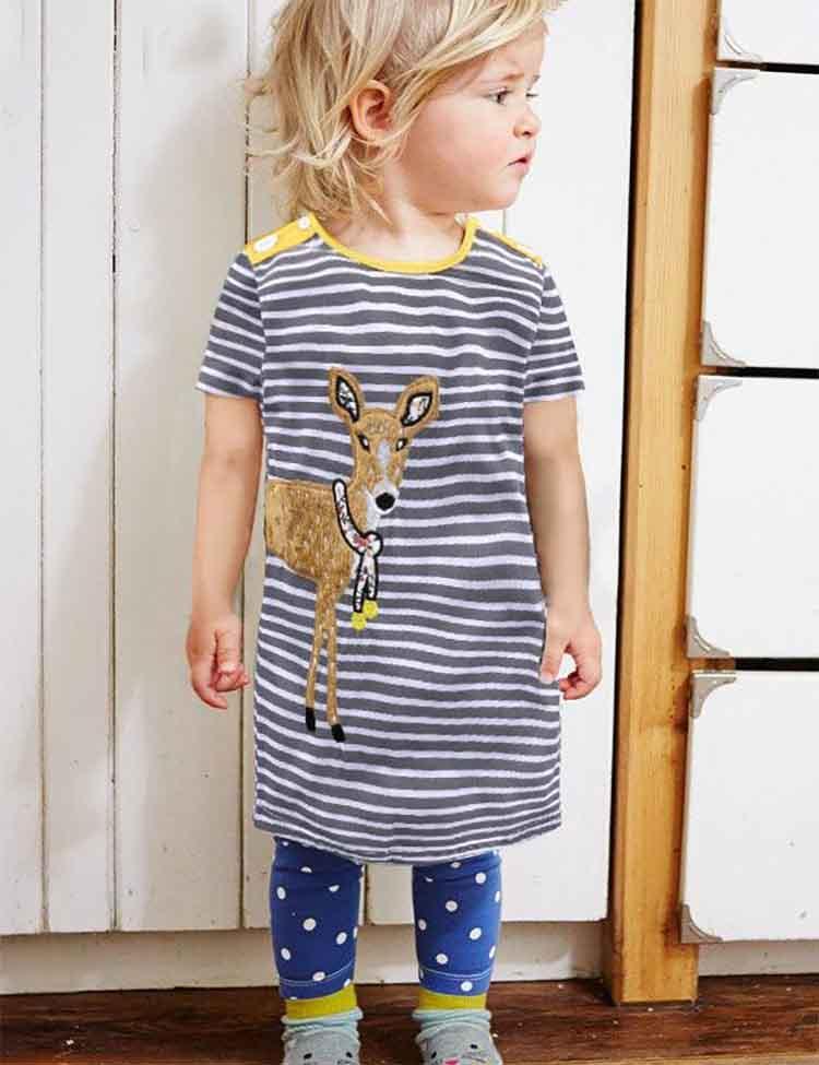 Animal Appliqué Striped Short Sleeve Dress - CCMOM