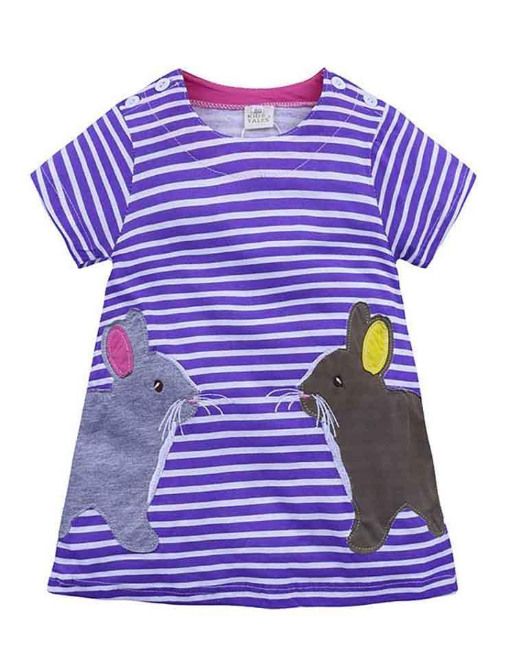 Animal Appliqué Striped Short Sleeve Dress - CCMOM