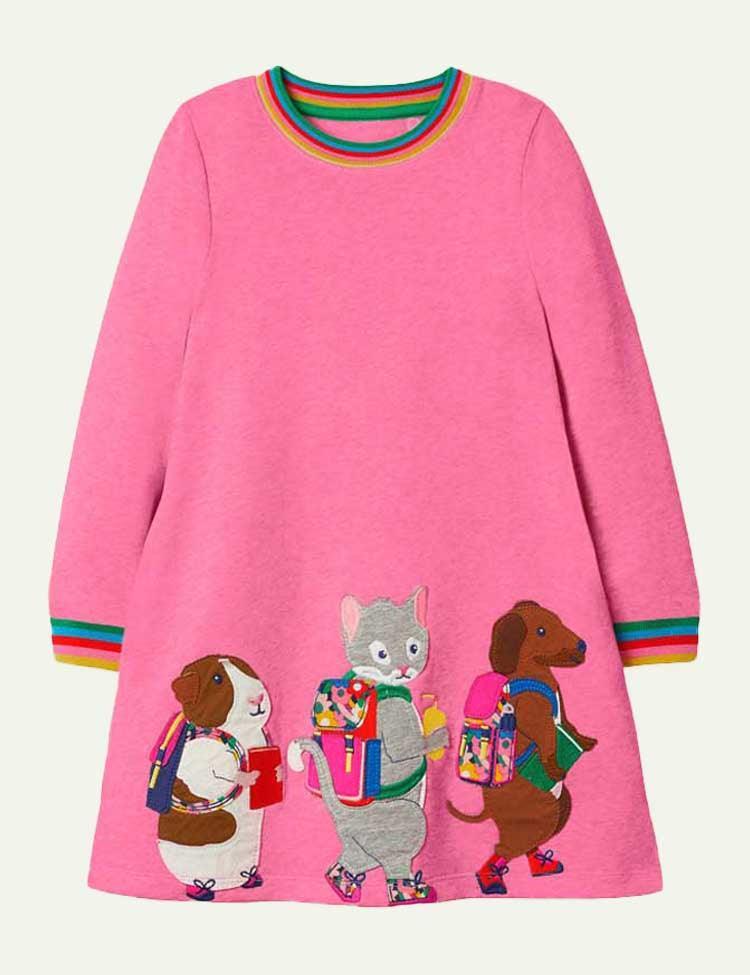 Animal Friends Appliqué Long Sleeve Dress - CCMOM