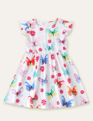 Toddler Girl Dinosaur Butterfly Printed Flutter Sleeves Splice Dress