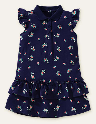 Toddler Girl Cartoon Printed Button Design Ruffle Hem Flutter-sleeve Dress