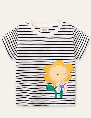 Flower Appliqué Striped T-shirt