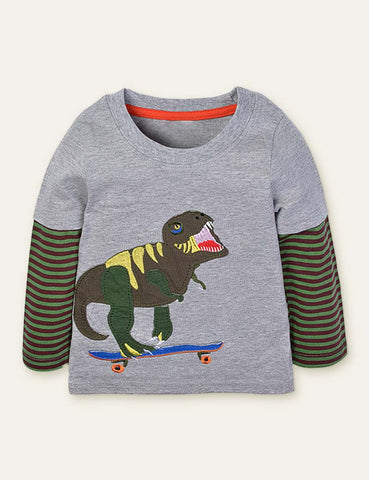 Dinosaur Skateboard Appliqué Long Sleeve T-shirt