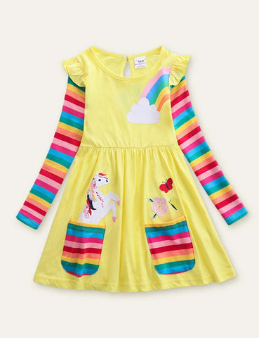 Unicorn Flowers Appliqué Rainbow Long Sleeve Dress