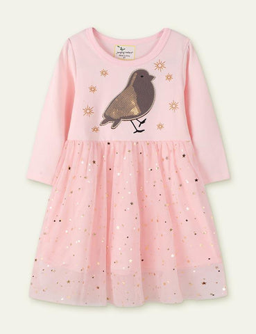 Bird Appliqué Stars Mesh Dress - CCMOM